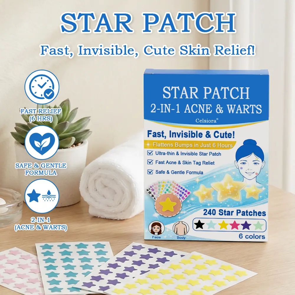 Celsiora® 2-in-1 Microneedle & Hydrocolloid Star Patch | Acne, Raised Moles, Flat Warts & Skin Tags Remover | 6 Colors Pimple Patch for Face & Neck | Invisible Star Zit Stickers | 240 Count