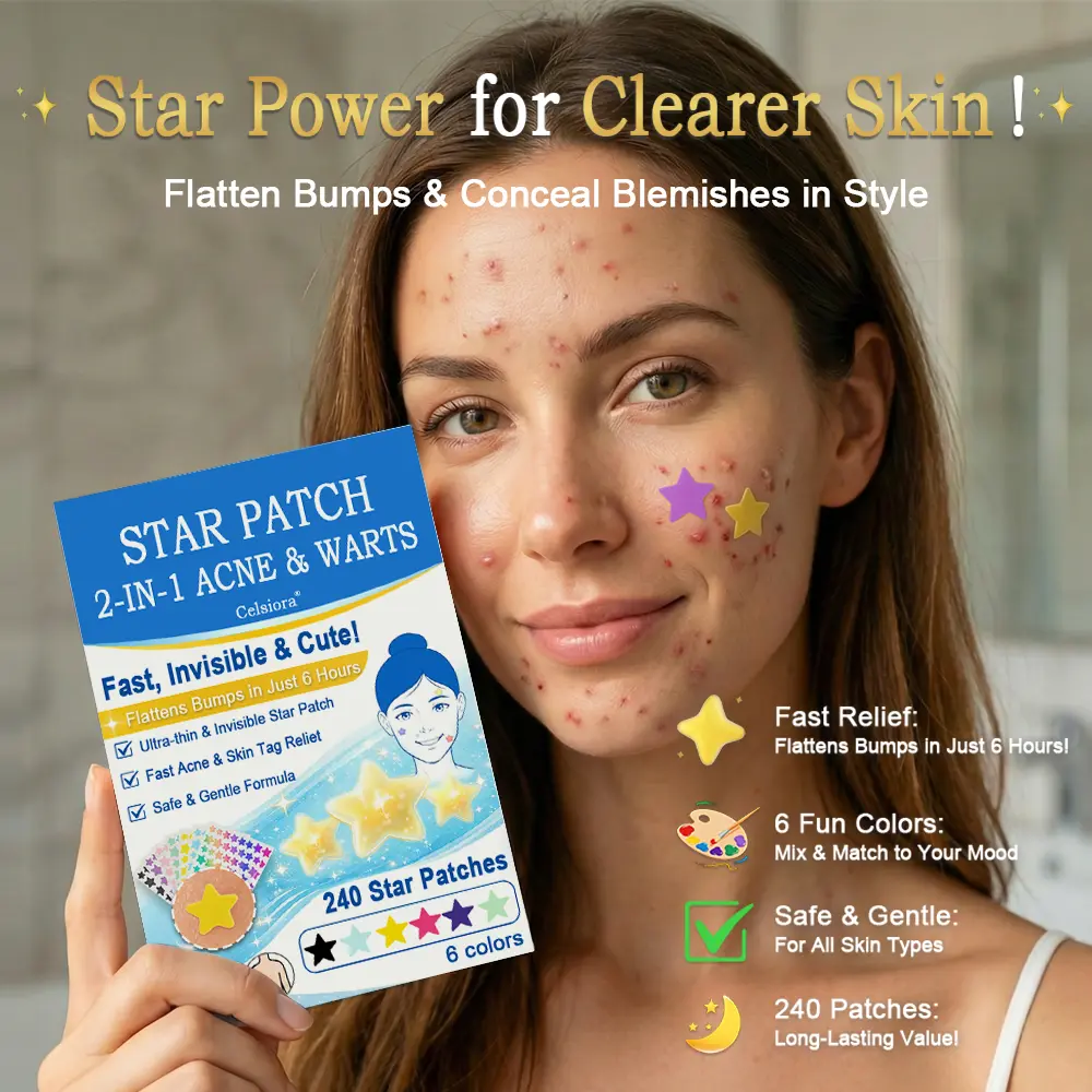 Celsiora® 2-in-1 Microneedle & Hydrocolloid Star Patch | Acne, Raised Moles, Flat Warts & Skin Tags Remover | 6 Colors Pimple Patch for Face & Neck | Invisible Star Zit Stickers | 240 Count