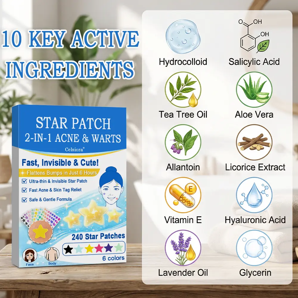 Celsiora® 2-in-1 Microneedle & Hydrocolloid Star Patch | Acne, Raised Moles, Flat Warts & Skin Tags Remover | 6 Colors Pimple Patch for Face & Neck | Invisible Star Zit Stickers | 240 Count